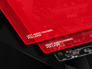 Three layers of PCB, with the top layer labelled left audio channel PCB layer, and the middle layer labelled right audio channel PCB layer